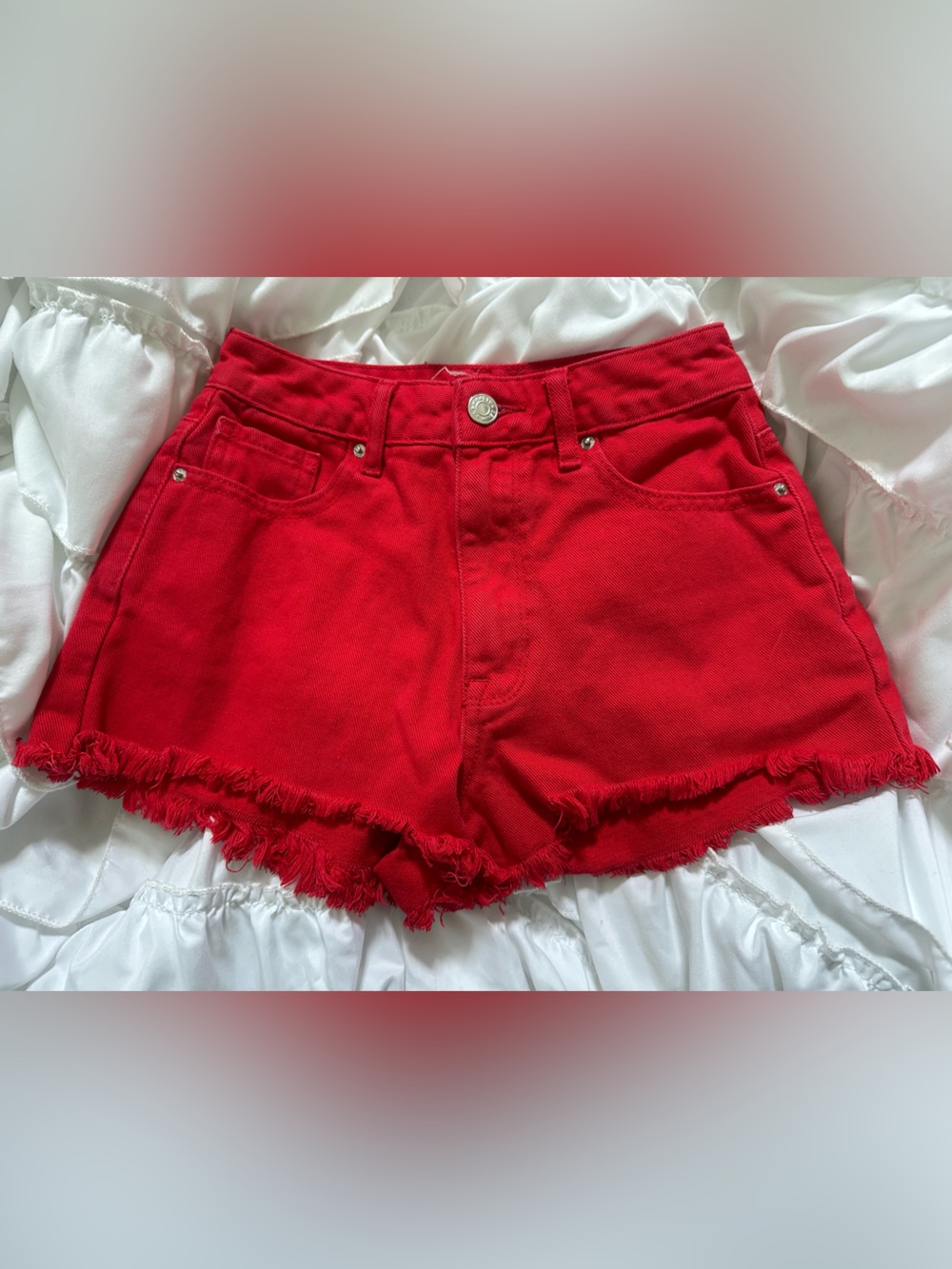 PacSun High Waisted Frayed Hem Red Denim Shorts Women’s Size 23